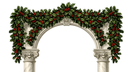 Vintage christmas archway decorated with holly and berries, isolated on transparent background