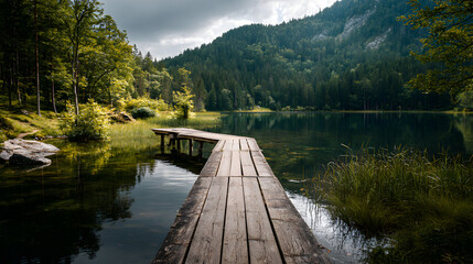 Fototapeta premium Scenic view of a wooden pier extending into a tranquil lake surrounded by lush forest and mountains