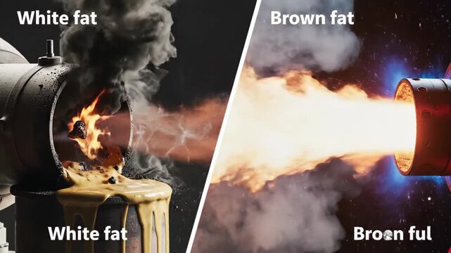 Split-screen animation comparing smoky, inefficient fuel to a clean, powerful, white-hot rocket fuel flame.