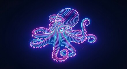 A stylized, glowing octopus illustration rendered with neon lines against a dark background.