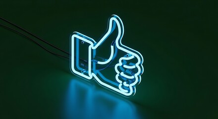 Illuminated neon thumbs-up symbol glowing brightly against a dark green background, signifying approval.
