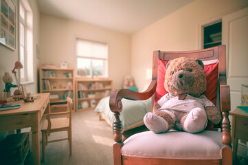 Cozy Child's Bedroom With Plush Teddy Bear Seated In Red-Backed Wooden Armchair Near Window