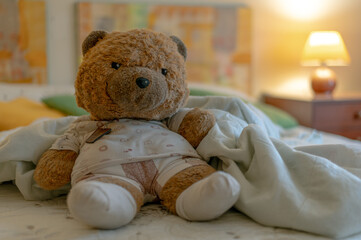 Cozy Teddy Bear In Bed With Blanket And Soft Lighting, Home Comfort Toy