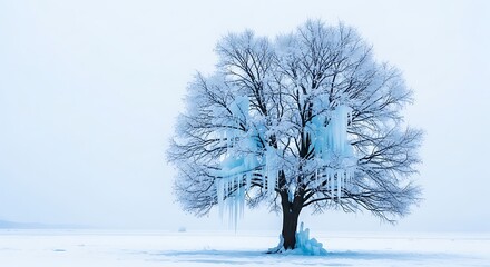 A solitary tree, heavily coated in ice, stands in a vast, snowy landscape under a cold, overcast sky.