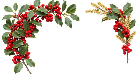 Christmas holly branches with red berries and golden accents, isolated on transparent background