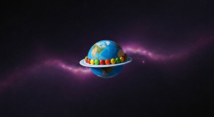 A whimsical depiction of Earth, adorned with colorful candies, floating in a cosmic scene.
