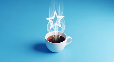 A steaming cup of coffee with a star-shaped vapor rising above it against a blue background.