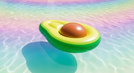 An inflatable avocado pool float rests in shimmering, colorful water, casting a shadow.