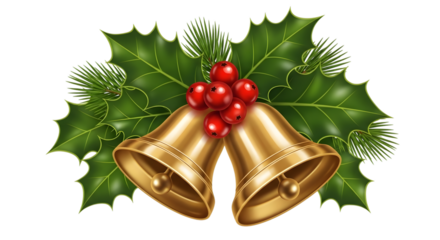 Golden christmas bells with holly and red berries, isolated on transparent background