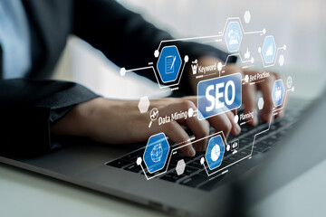 A professional working on a laptop with dynamic SEO icons. This image captures essential elements of digital marketing and data analysis for web optimization. Tessel
