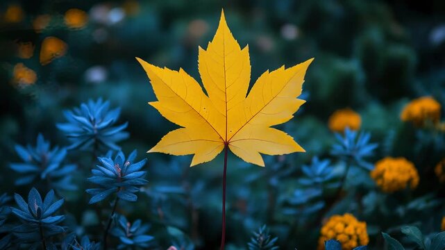 Yellow Maple Leaf Standing Out Among Other Plants