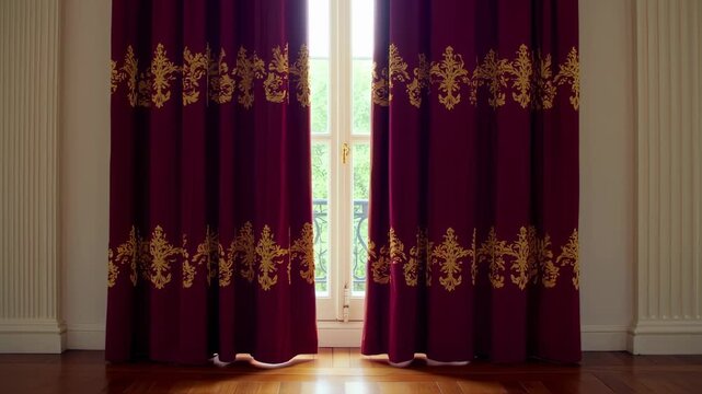 Richly decorated maroon curtains frame a bright window revealing greenery. Ornate gold patterns adorn the fabric