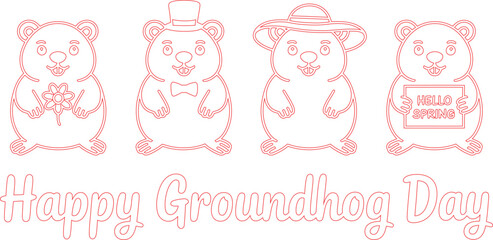Four Red Groundhog Line Art Characters with Happy Groundhog Day Text Isolated on White