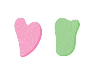 Flat Design Duo of Textured Gua Sha Tools in Pink and Green Jade. The Heart Shaped and Contoured Skincare Tools Are Shown Side by Side. Perfect for Illustrating Facial Massage Techniques