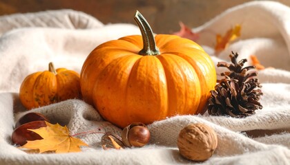 Autumnal Still Life with Pumpkins, Nuts, and Pinecone.