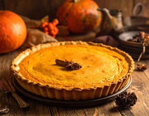 Delicious Pumpkin Pie with Cinnamon Stick and Star Anise.
