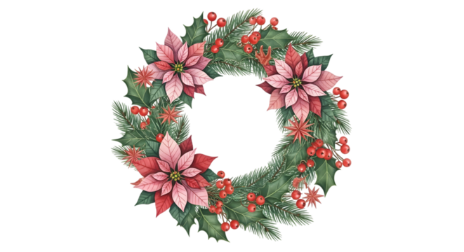 Beautiful watercolor christmas wreath with pink poinsettias, holly, and red berries, isolated on transparent background