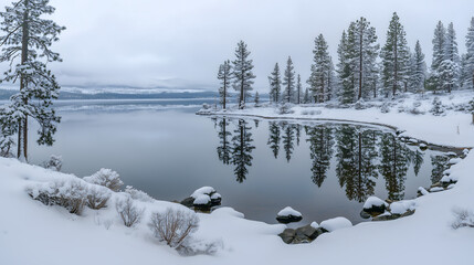 Obraz premium Snowy trees line a calm blue lake with clear sky above, creating stunning reflections in this tranquil winter landscape.