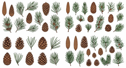 Pine cones and branches collection with transparent background