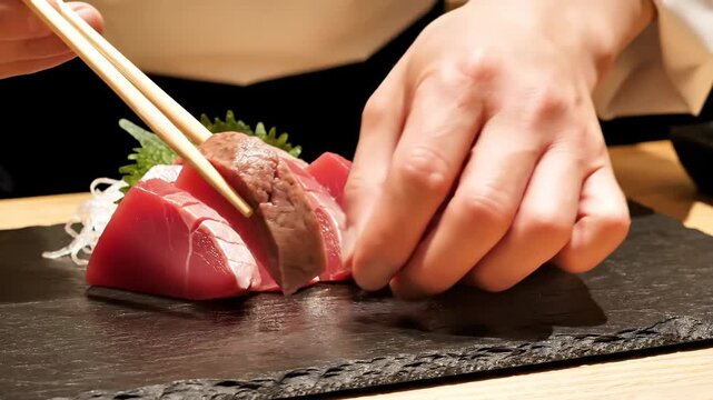 High-key close-up of a sushi chef's hands inspecting tuna and discarding one imperfect piece, a quality control metaphor.