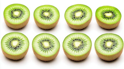 Fototapeta premium Nine Kiwi Slices Arranged In Grid Pattern On White Background