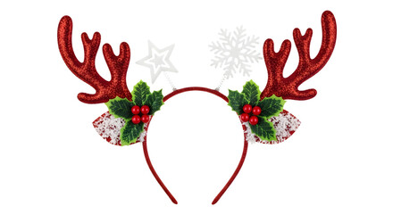 Festive red glitter reindeer antlers headband with holly and snowflake, isolated on transparent background