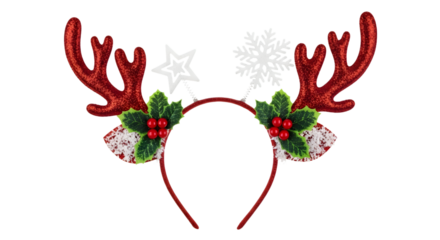 Festive red glitter reindeer antlers headband with holly and snowflake, isolated on transparent background