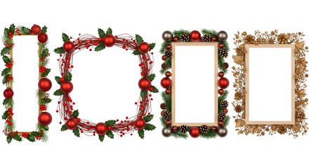 Four christmas frames and borders with red baubles, holly, pinecones, and berries, isolated on transparent background