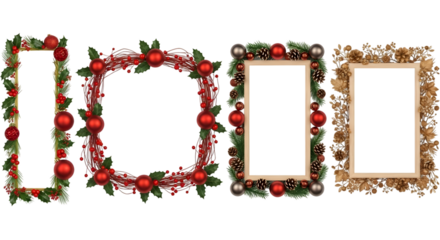 Four christmas frames and borders with red baubles, holly, pinecones, and berries, isolated on transparent background