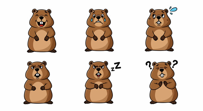 Cartoon beaver expressions set with transparent background