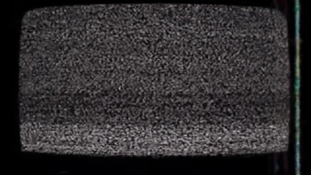 Pure black screen with prominent white noise, shimmering static, flickering scanlines, grainy distortions, glitches, vertical lines, and color bleed, mimicking degraded VHS. Lo-fi vintage concept.