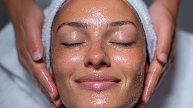 A woman receiving a facial massage with her eyes closed, wearing a white towel on her head, with visible freckles on her face, and her hair tied back. - Powered by Adobe