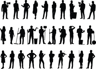 Silhouette, People, Occupation, Worker, Pose, Business, Activity, Icon, Profession, Tool, Standing, Black, Figure, Diverse, Job, Action, Equipment, Human, Role, Symbol
