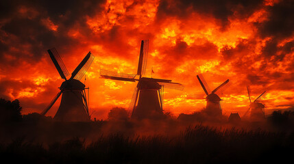 Dramatic windmills at sunset