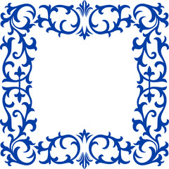 Ornate Blue Scrollwork Frame, tiles frame, mosaic, ceramic border, fabric texture vector.