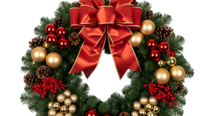 A festive christmas wreath adorned with a large red bow, golden baubles, red berries, and pinecones, isolated on a transparent background