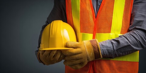 The hard hat held by construction worker wearing high visibility vest and leather gloves