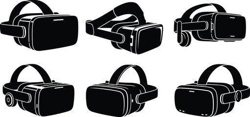 Virtual reality headset silhouette collection, VR goggles set, futuristic gaming and technology equipment vector illustration for digital design projects
