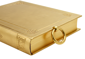Luxurious gold book with ornate ring, premium knowledge symbol