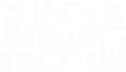 Urban silhouette icon set, city buildings, houses, trees, benches, street lamps, clouds, lanterns, vector illustration, white shapes, dark background