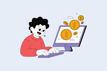 An illustration of a cheerful young person actively earning money online using a desktop computer, depicting digital finance, successful transactions, and profit.