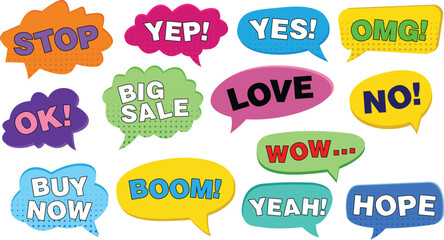 Colorful speech bubbles with various expressions like stop, yes, love, and big sale.
