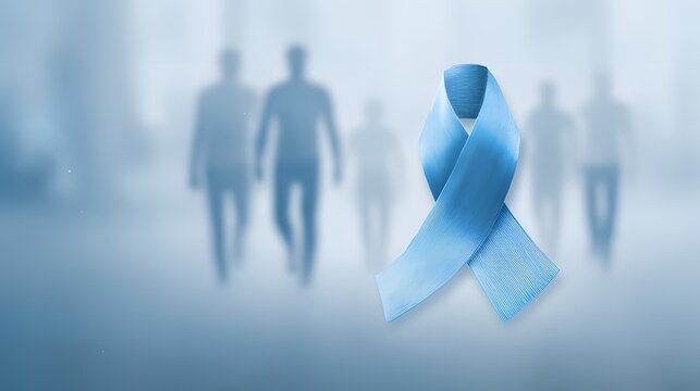 Modern prostate cancer awareness campaign concept focusing on men&rsquo;s health with a striking blue ribbon placed prominently in the foreground symbolizing strength, unity, and early prevention