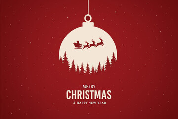 Red Christmas background with a white ornament silhouette featuring Santa's sleigh, reindeer, and pine trees, wishing Merry Christmas and a Happy New Year.