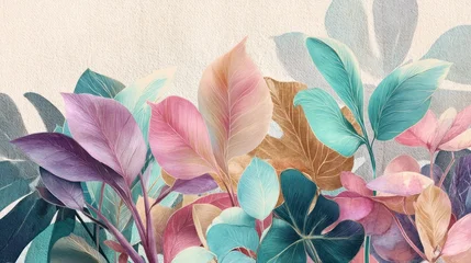 Fototapete Badezimmer A vibrant, colorful mural of tropical leaves in pastel shades of pink, purple, and blue, set against a textured beige background with soft shadows.  © phy