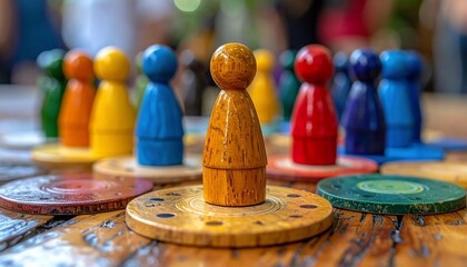 Colorful board game pieces in a wooden setting ready for a strategic play session