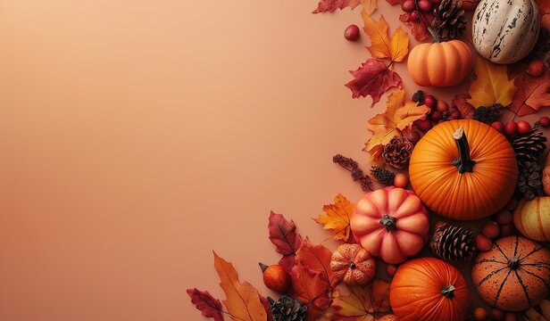 Painted background with pumpkins fall leaves and pine cones on the right side with empty peach colored space for copy in center