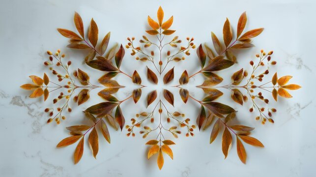 A decorative arrangement of autumn leaves and berries on a white marble background, with a marble table as the backdrop.