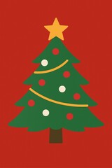 A simple, festive illustration of a green Christmas tree adorned with a yellow star, red and white ornaments, and yellow garlands, set against a vibrant red background.