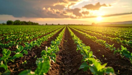 Vast agricultural field with rows of young plants stretching towards the horizon at sunset